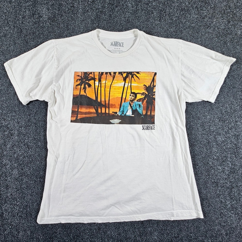 Scarface Graphic T-Shirt Mens Medium White Tony Montana Sunset Movie Tee